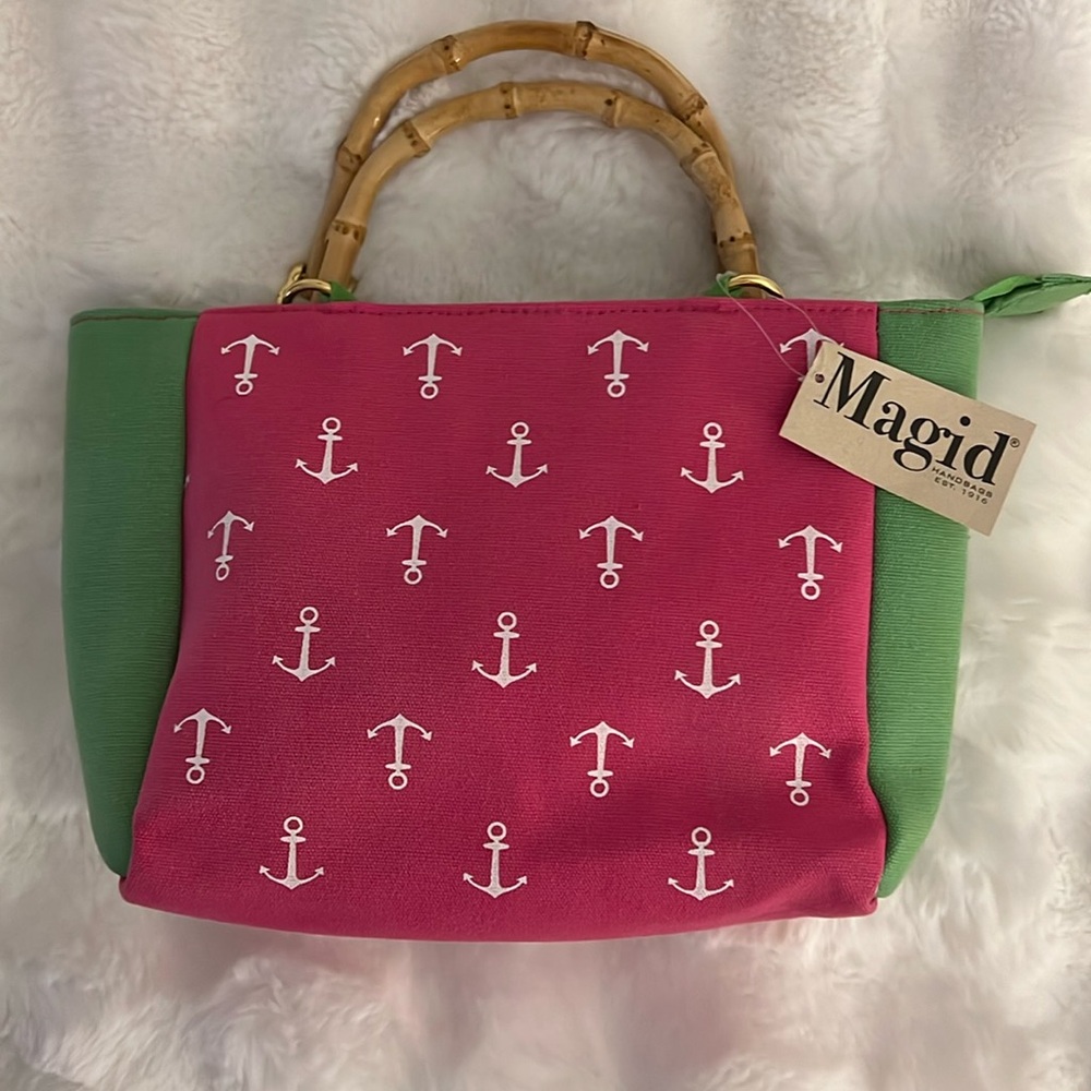 Preppy pink and green bamboo handle purse